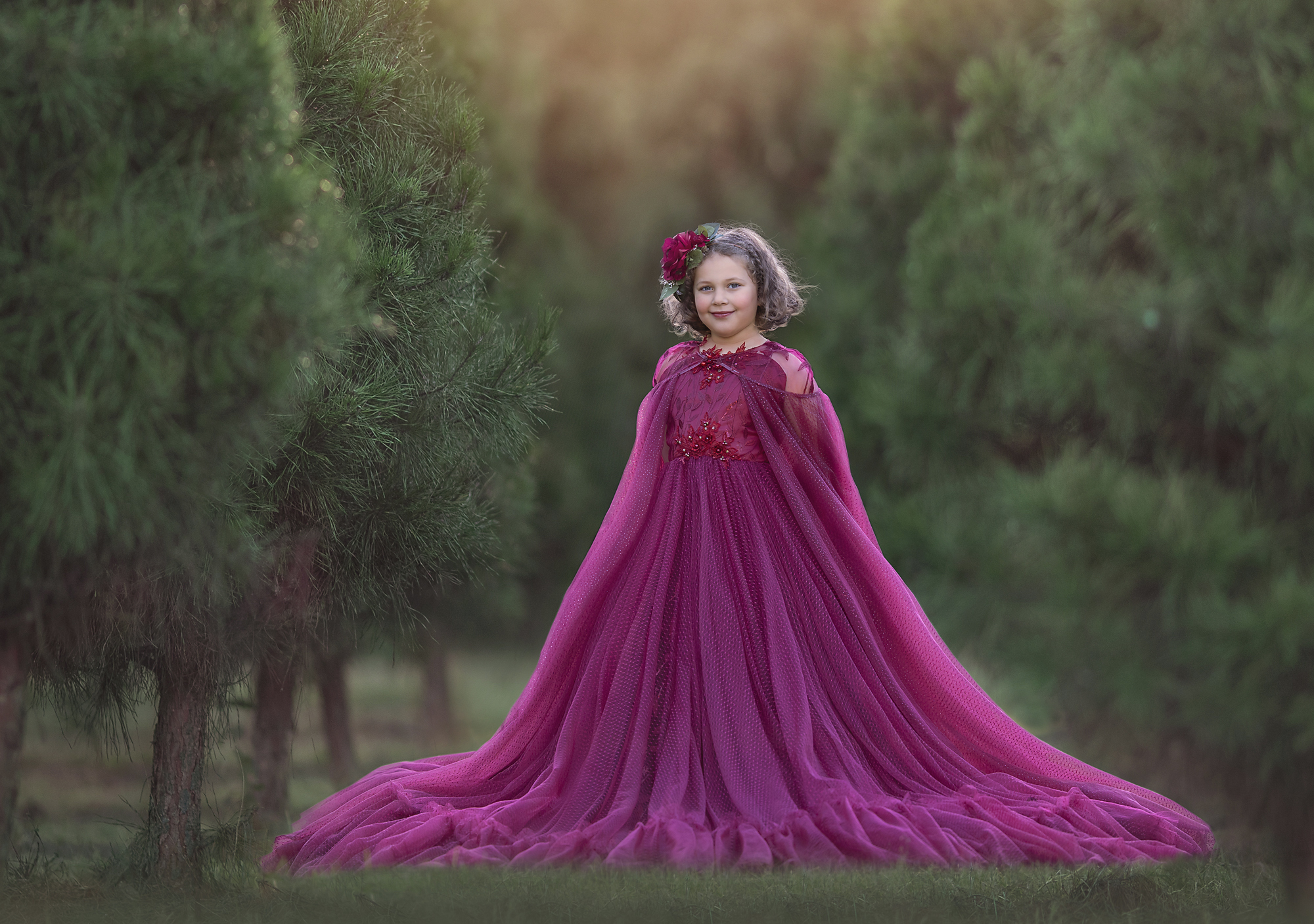 girl in Palos Verdes forest wearing red dress