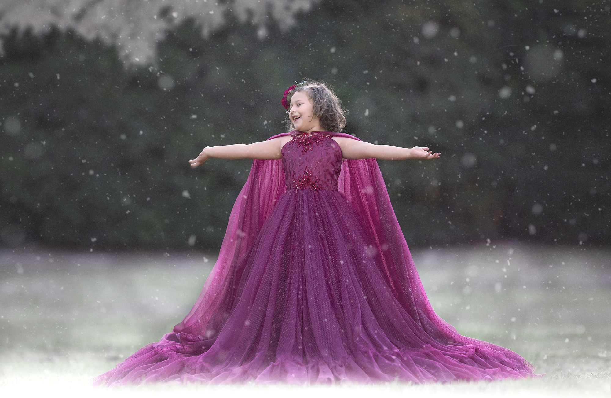 girl in dress standing CA snow park