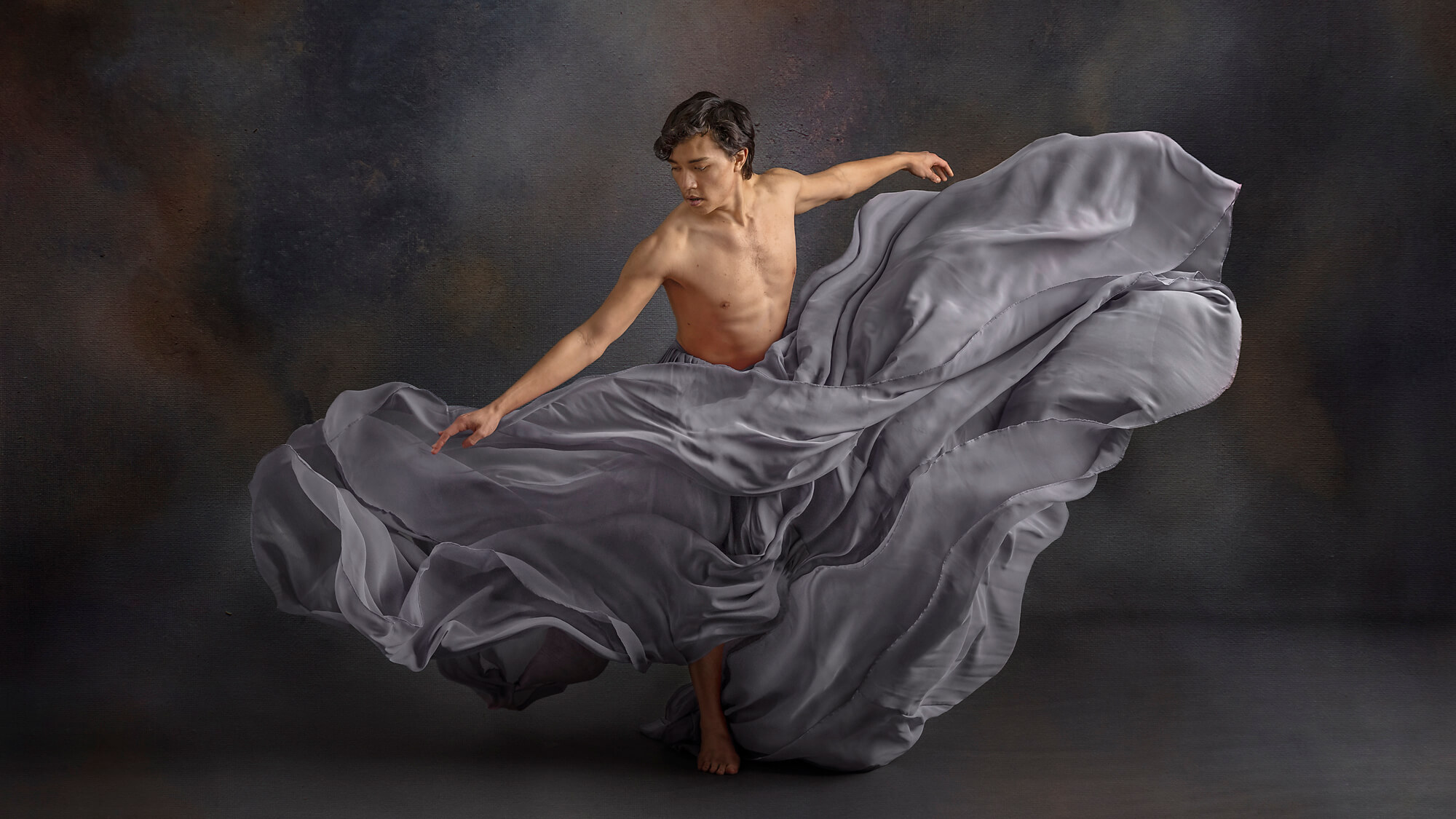 male dancer wearing a skirt in Palos Verdes, CA photography studio