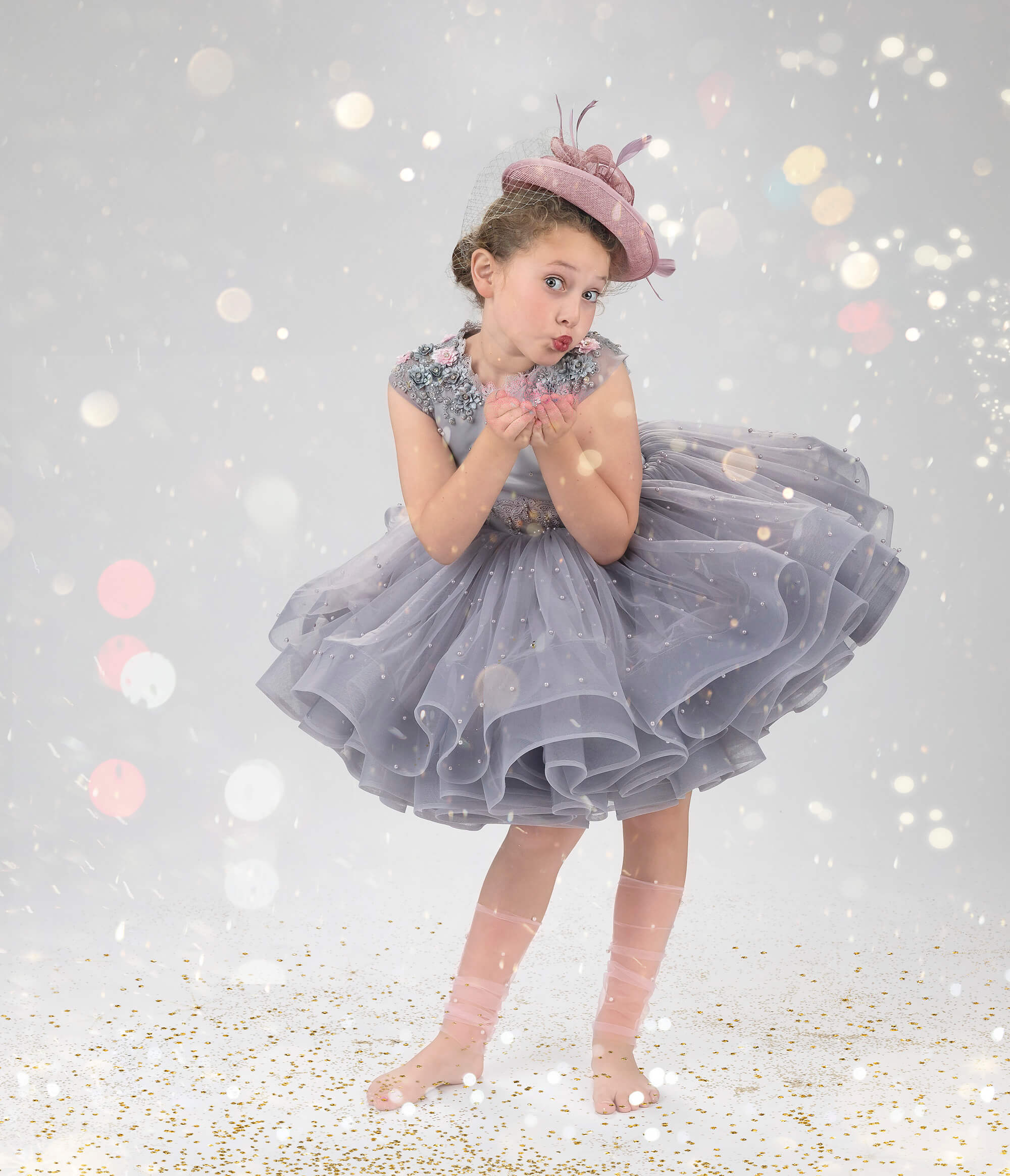 Child couture dress at glitter photoshoot